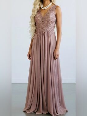 JJ’S HOUSE- Embellished V-Neck Maxi Dress in Dusty Rose